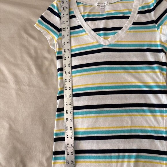 Ambiance Apparel Turquoise, Yellow, Blue and White Striped Short Sleeve Shirt. L - Picture 5 of 5